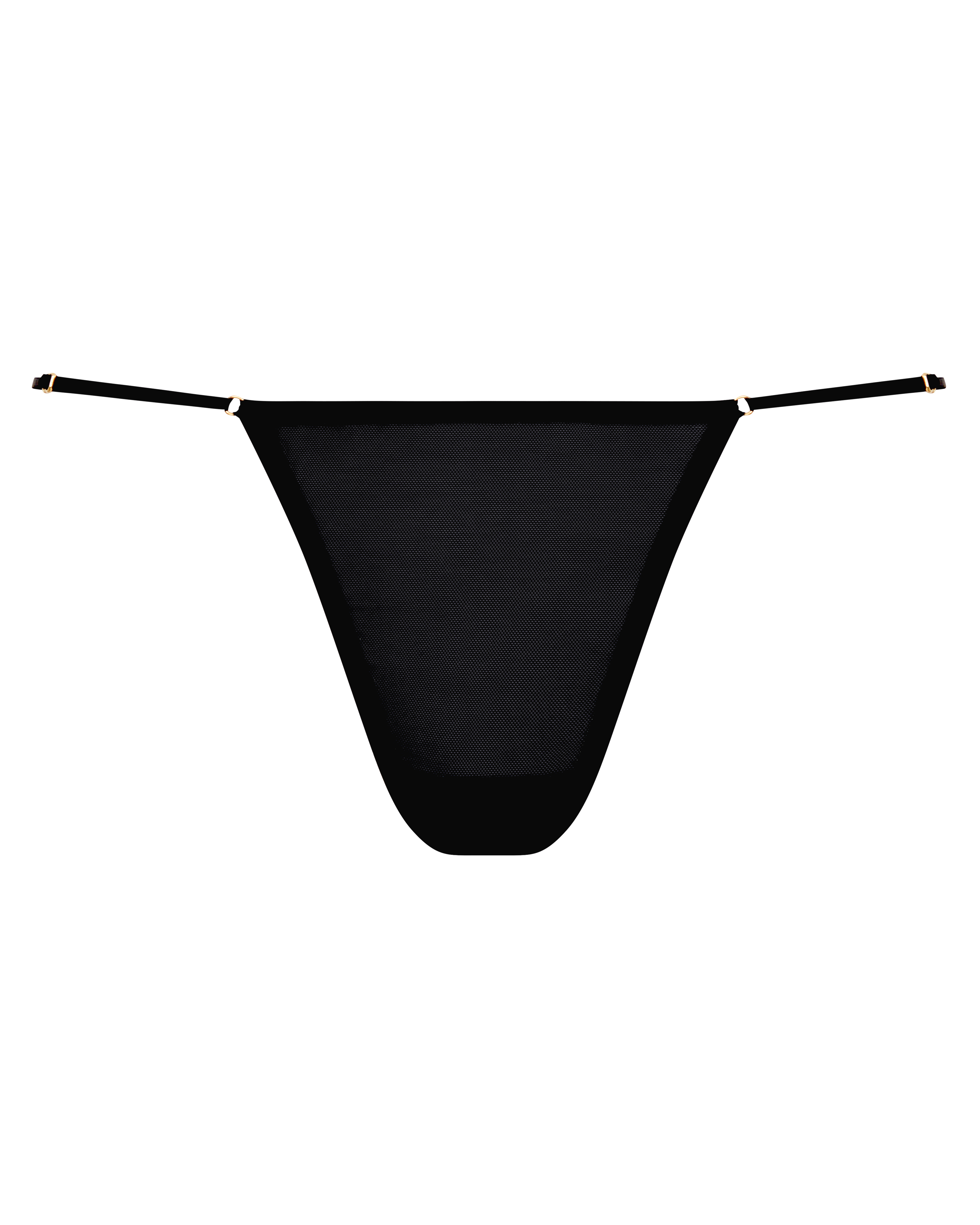 Mila Simona black sheer mesh thong with gold fastenings. Luxury lingerie made in Italy.