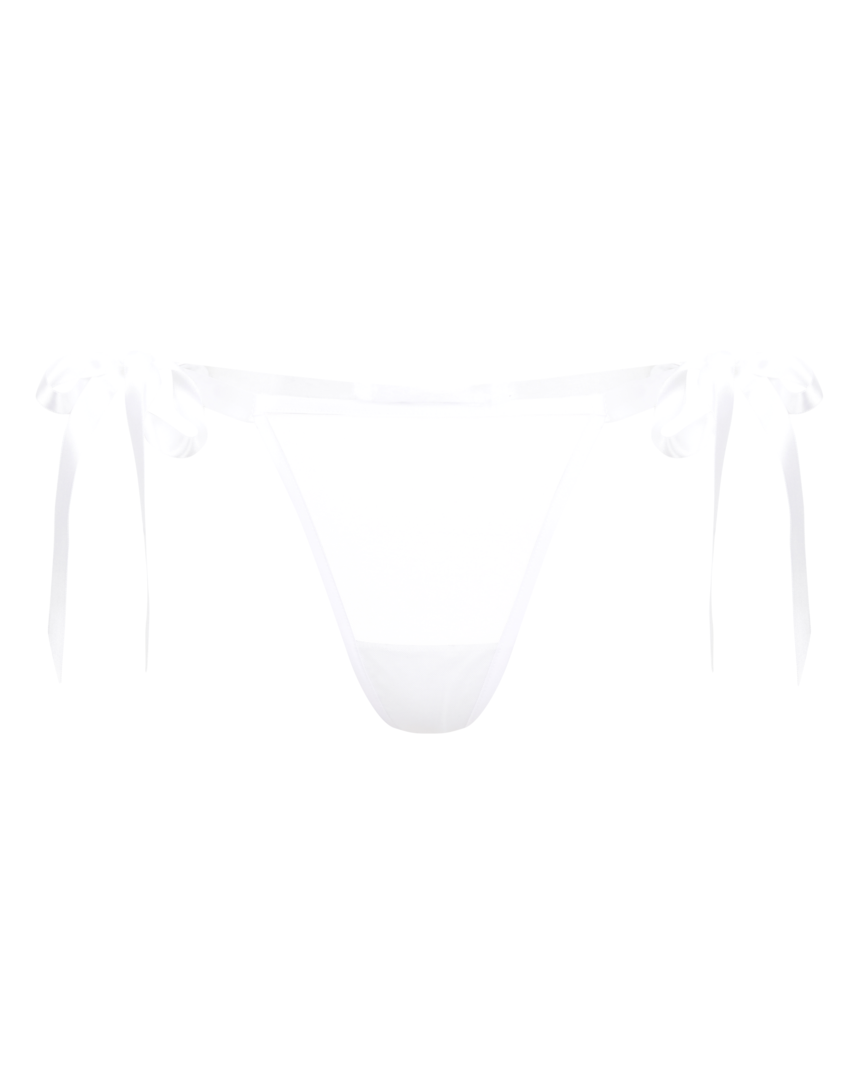 White sheer mesh thong with ribbon bow ties. Mila Simona luxury lingerie made in Italy.