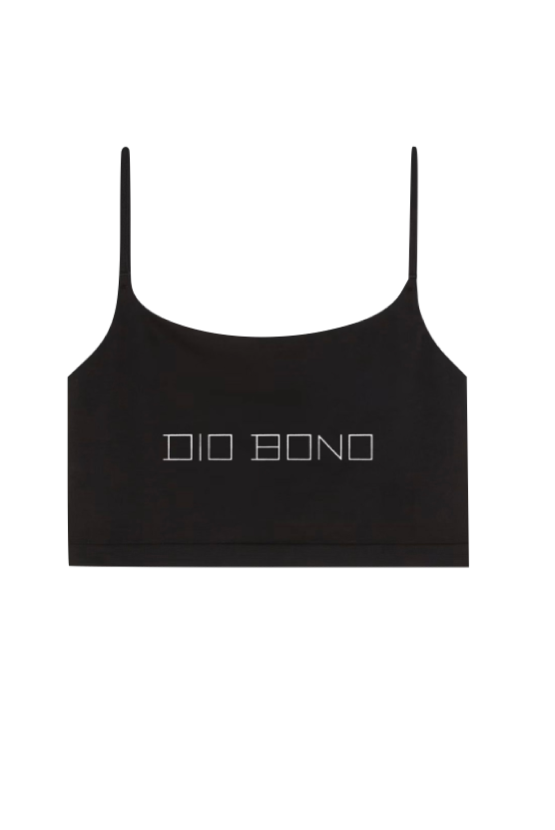 Black bralette top with the words Dio Bono in white 