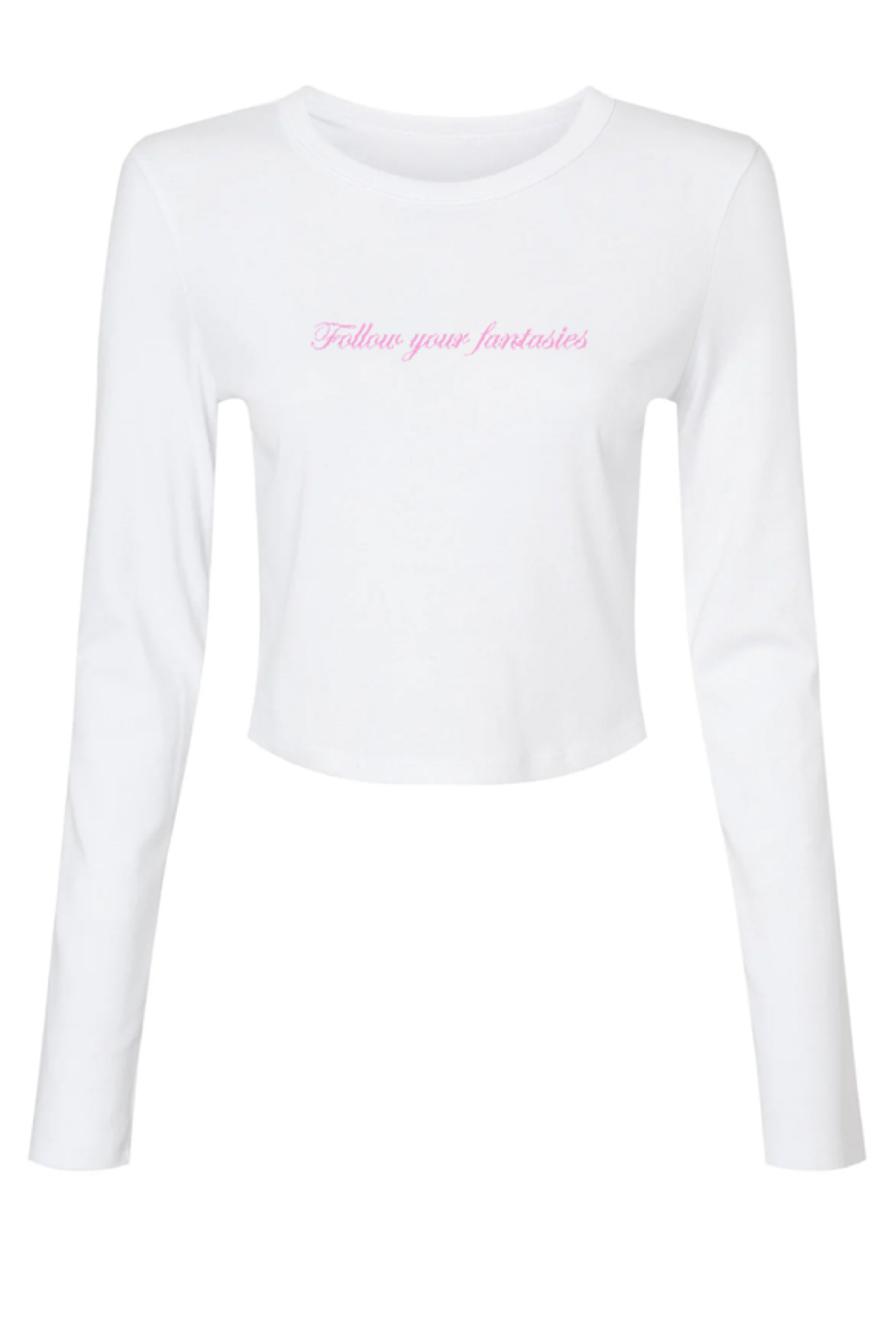 White long sleeve t-shirt with follow your fantasies graphic in pink 