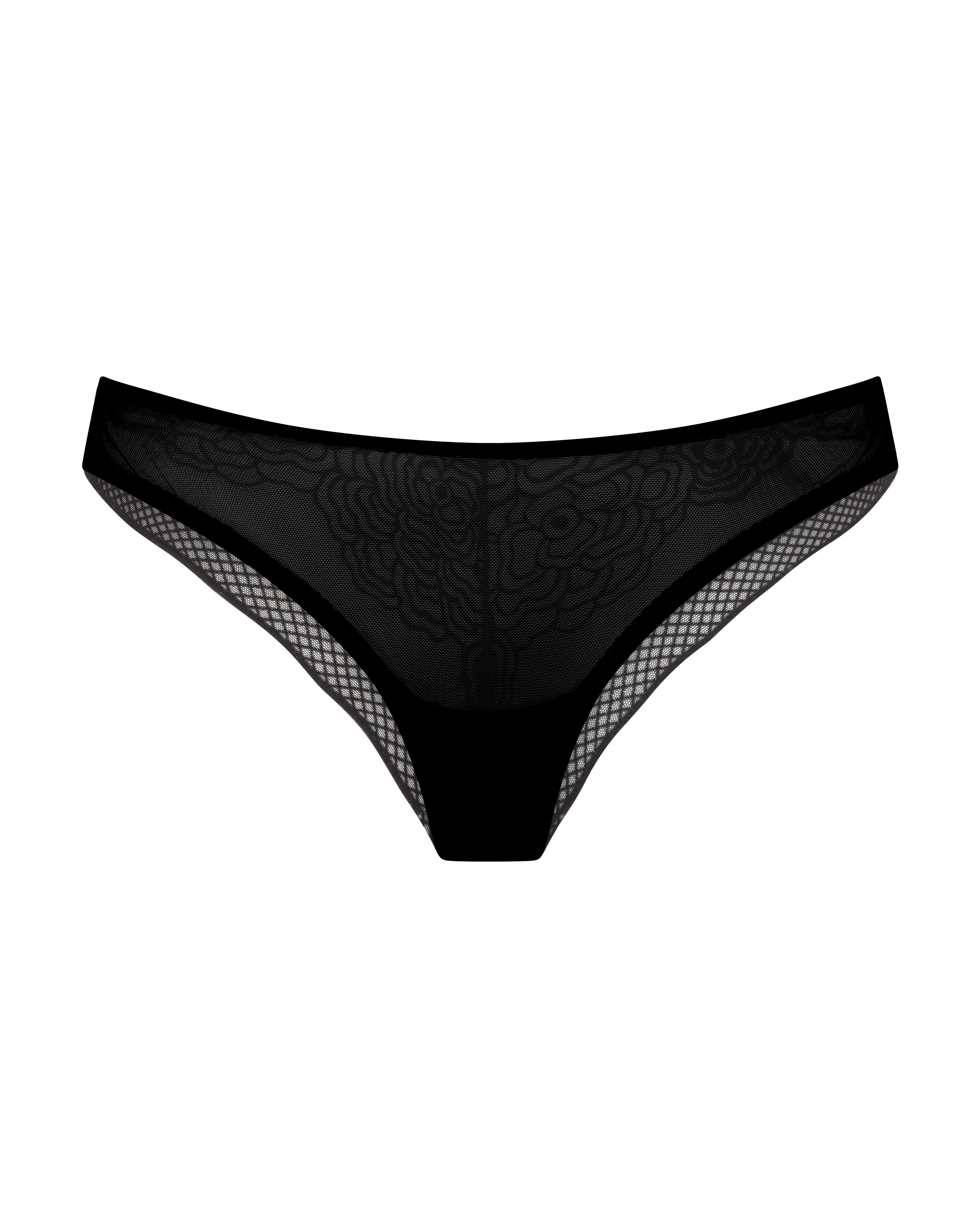 Black mesh brief with velvet floral peony detail 