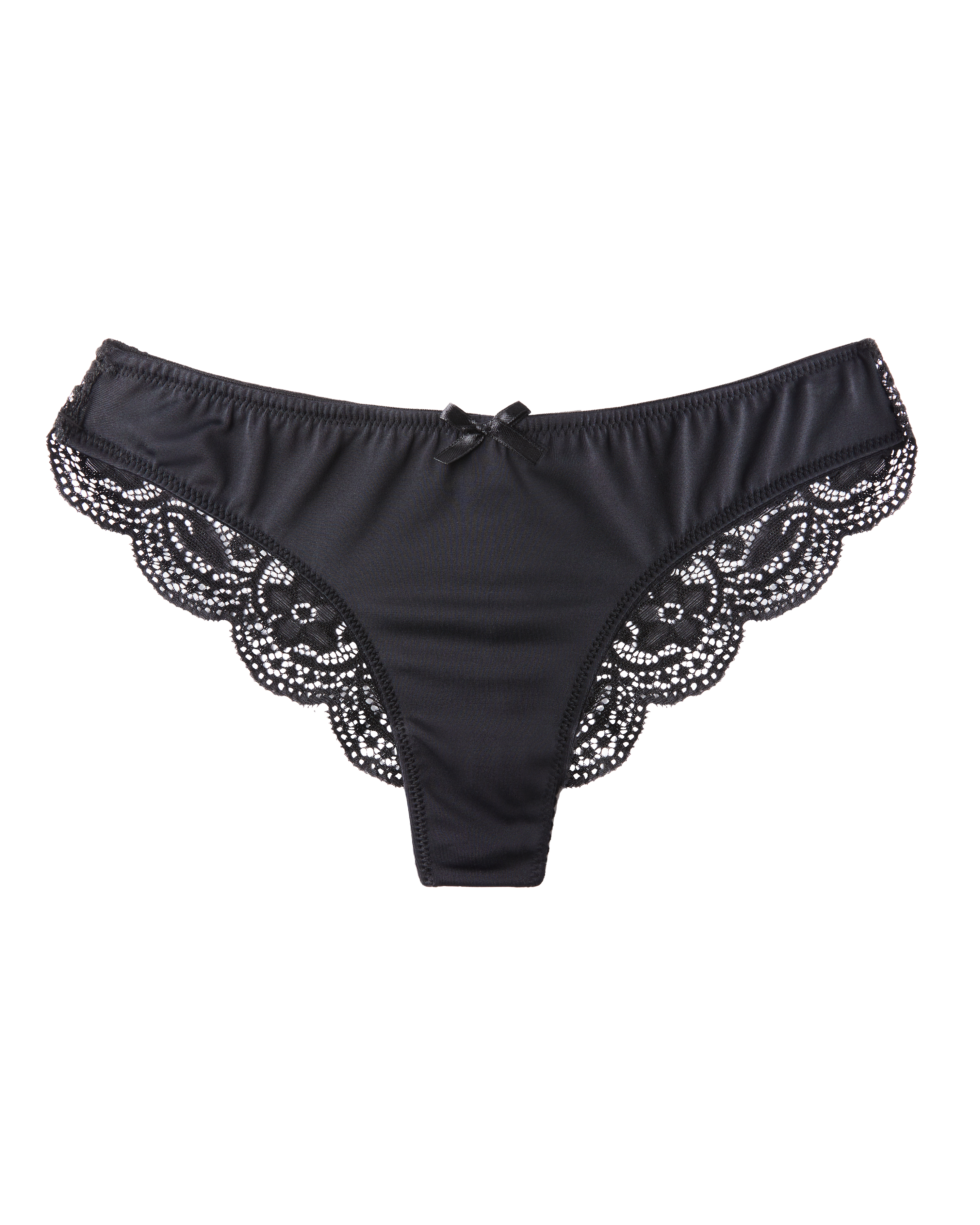 Black brief with lace floral detail and bow