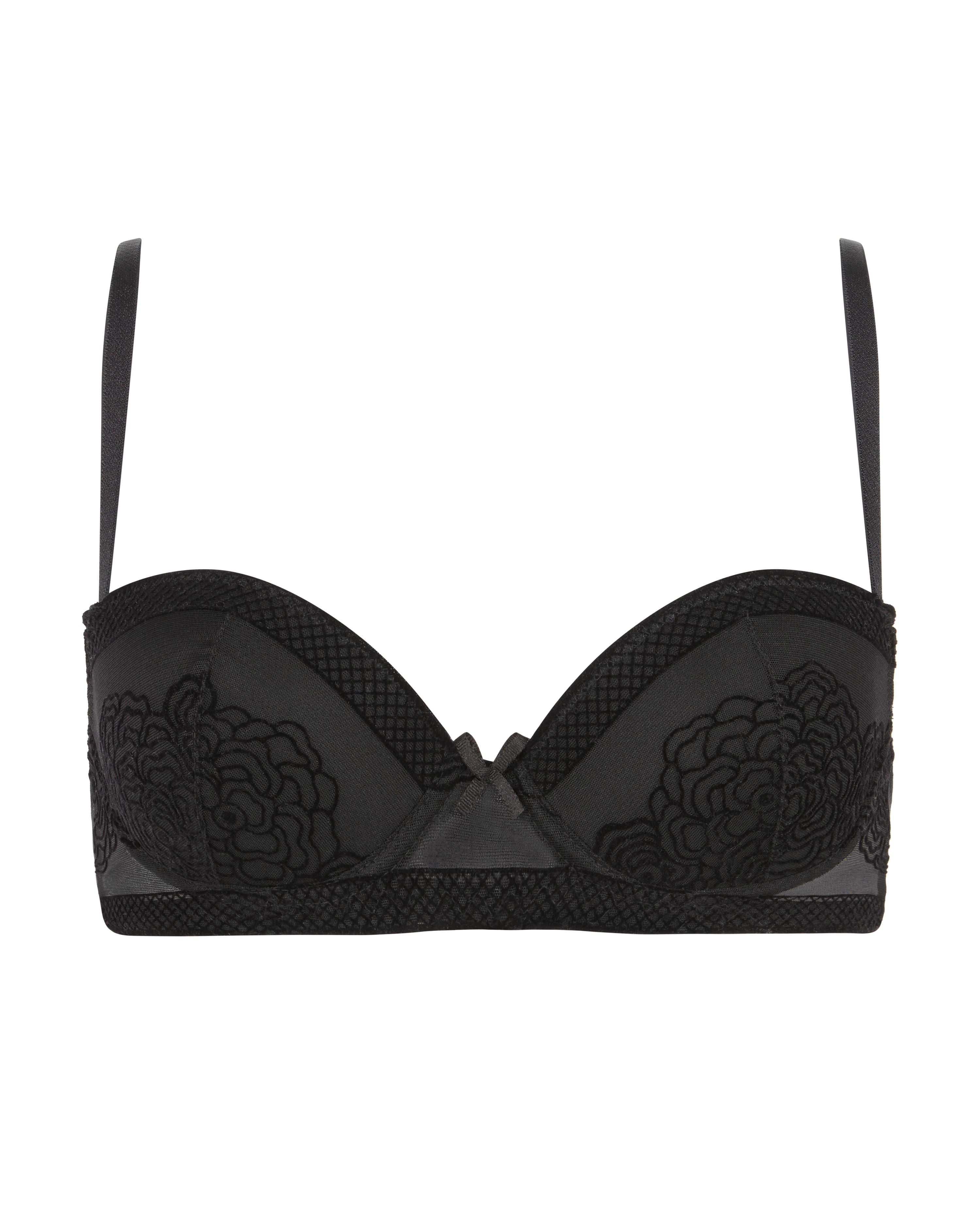Black mesh velvet bra with floral detail 