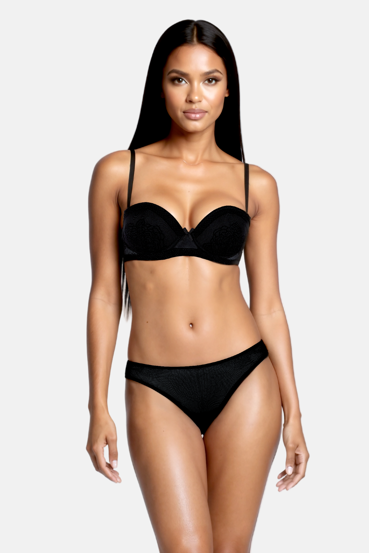 Model wears black mesh lingerie set with velvet floral design 