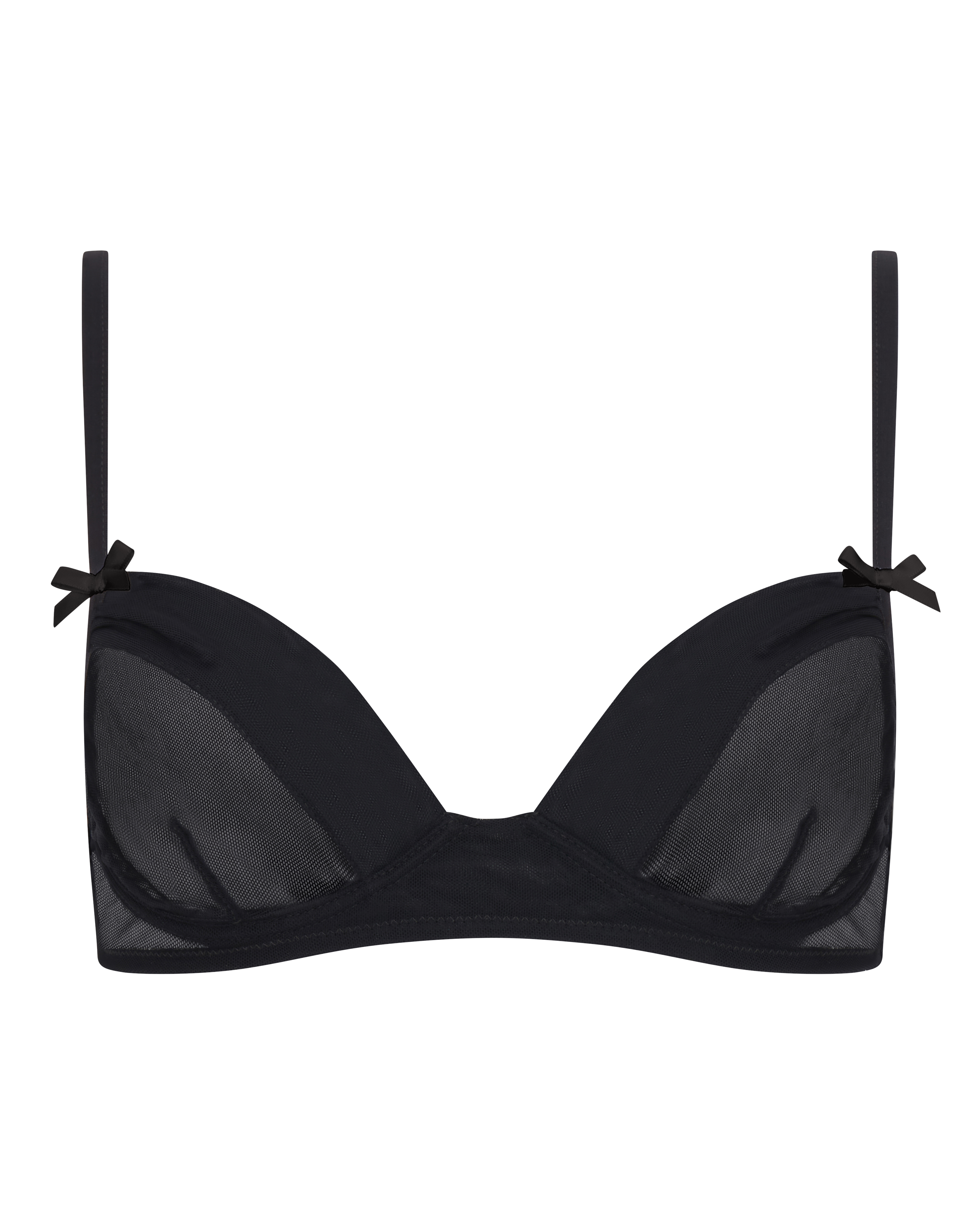 Black sheer mesh bra with black bow detail. Mila Simona luxury lingerie made Italy.