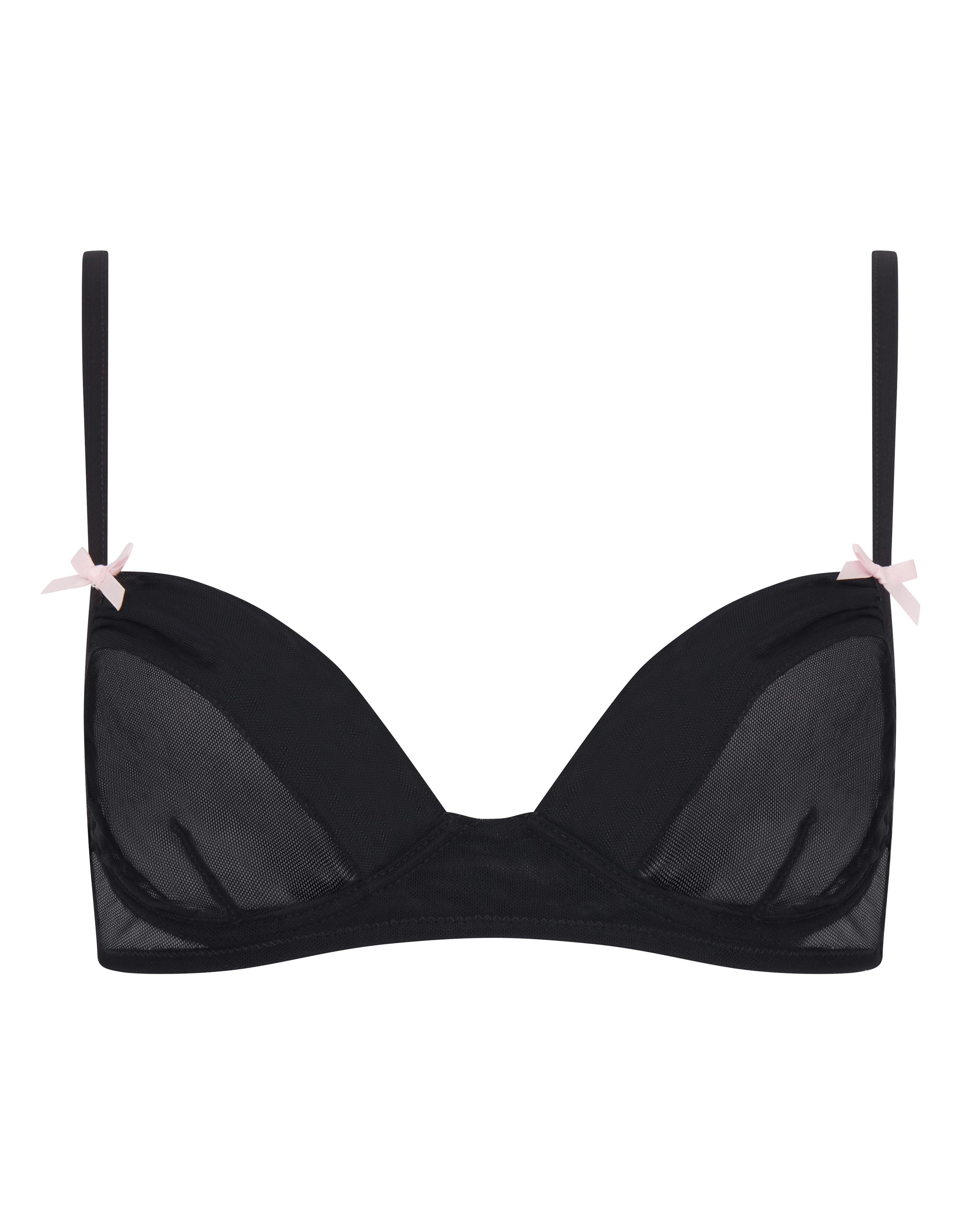 Classic sheer mesh Mila Simoan bra with pink ribbon bow detail. Luxury lingerie made in Italy.