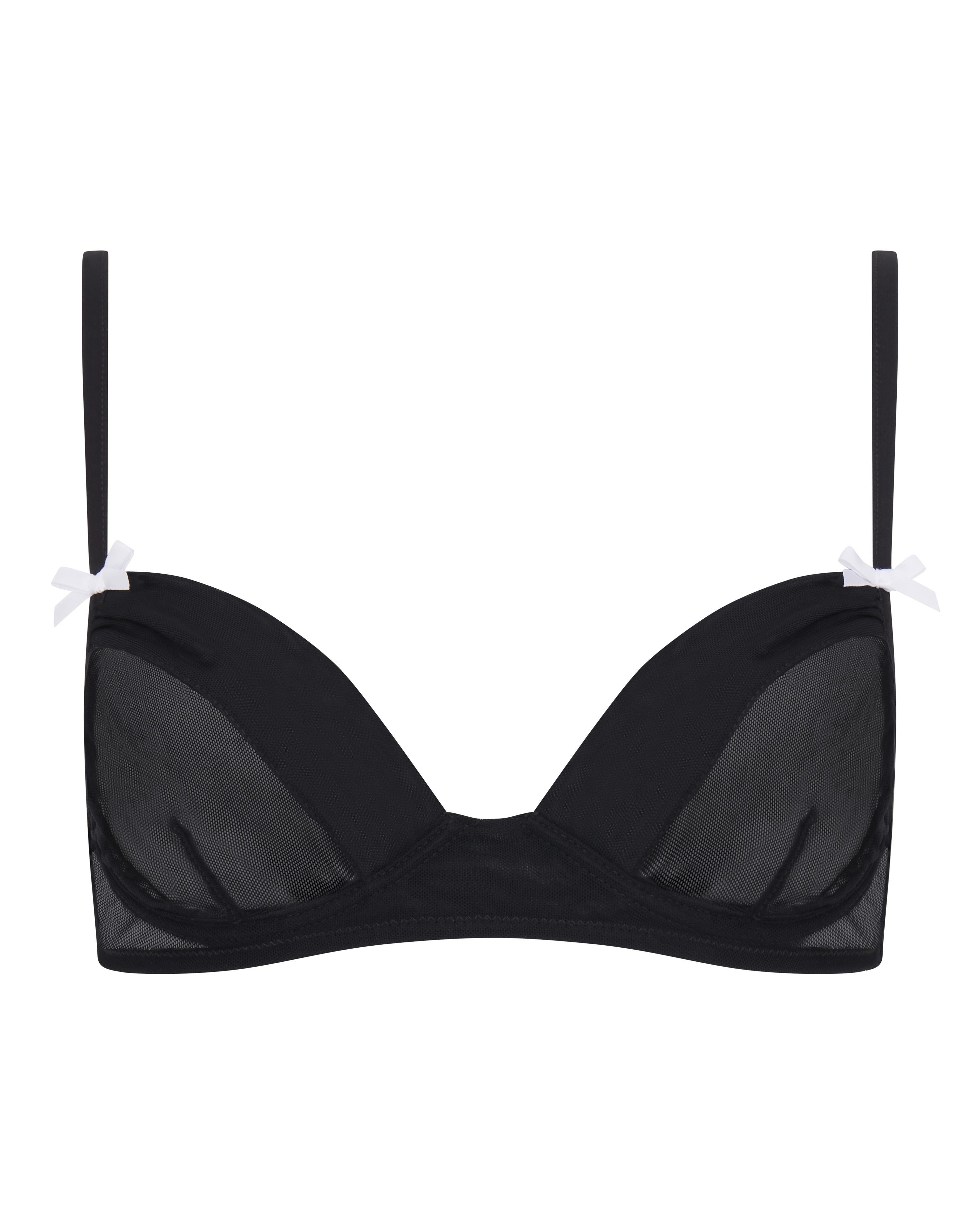 A black sheer mesh bra with white bow detail. Mila Simona luxury lingerie made in Italy.