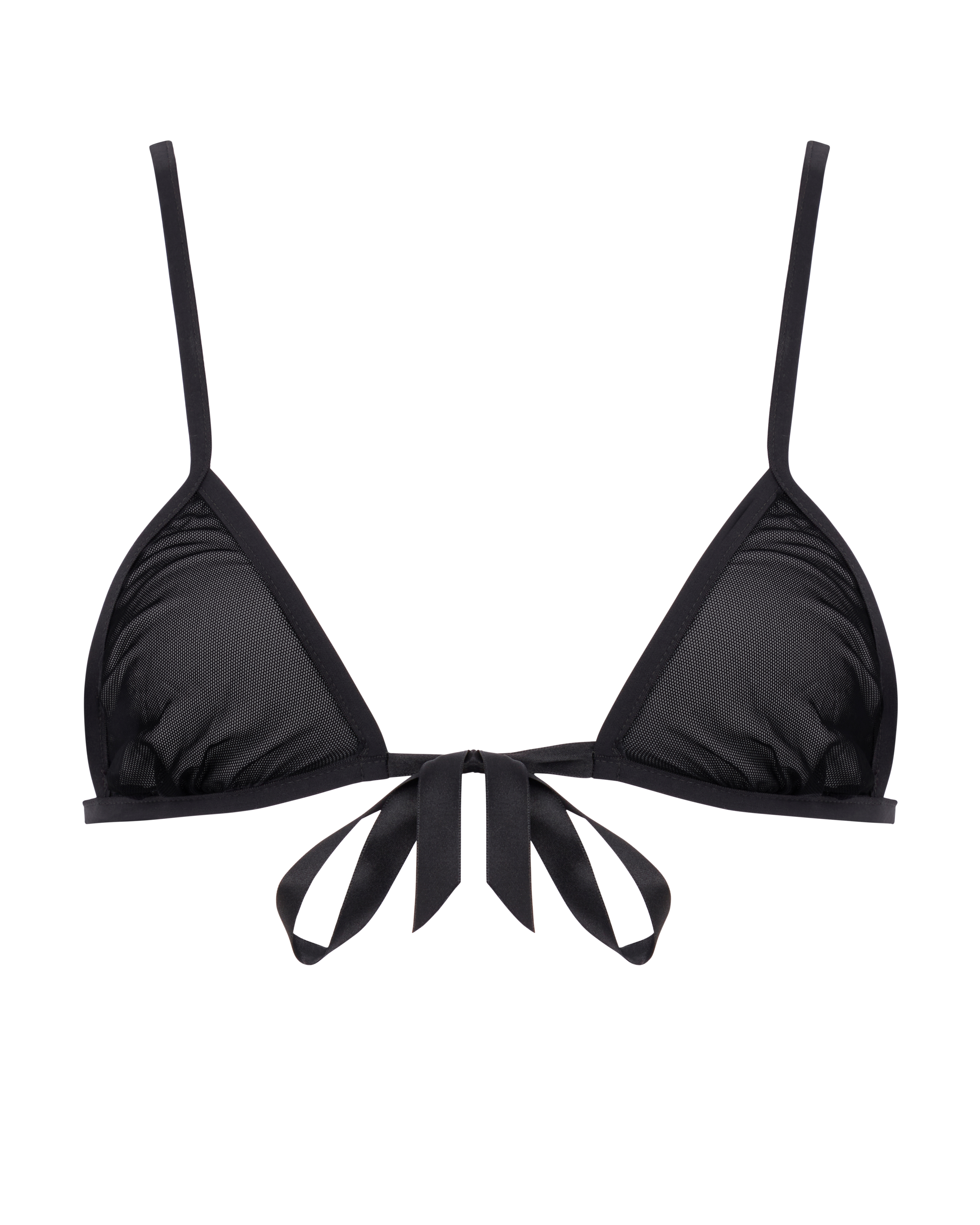 Black sheer mesh bra with ribbon bow to tie. Mila Simona luxury lingerie made in Italy.