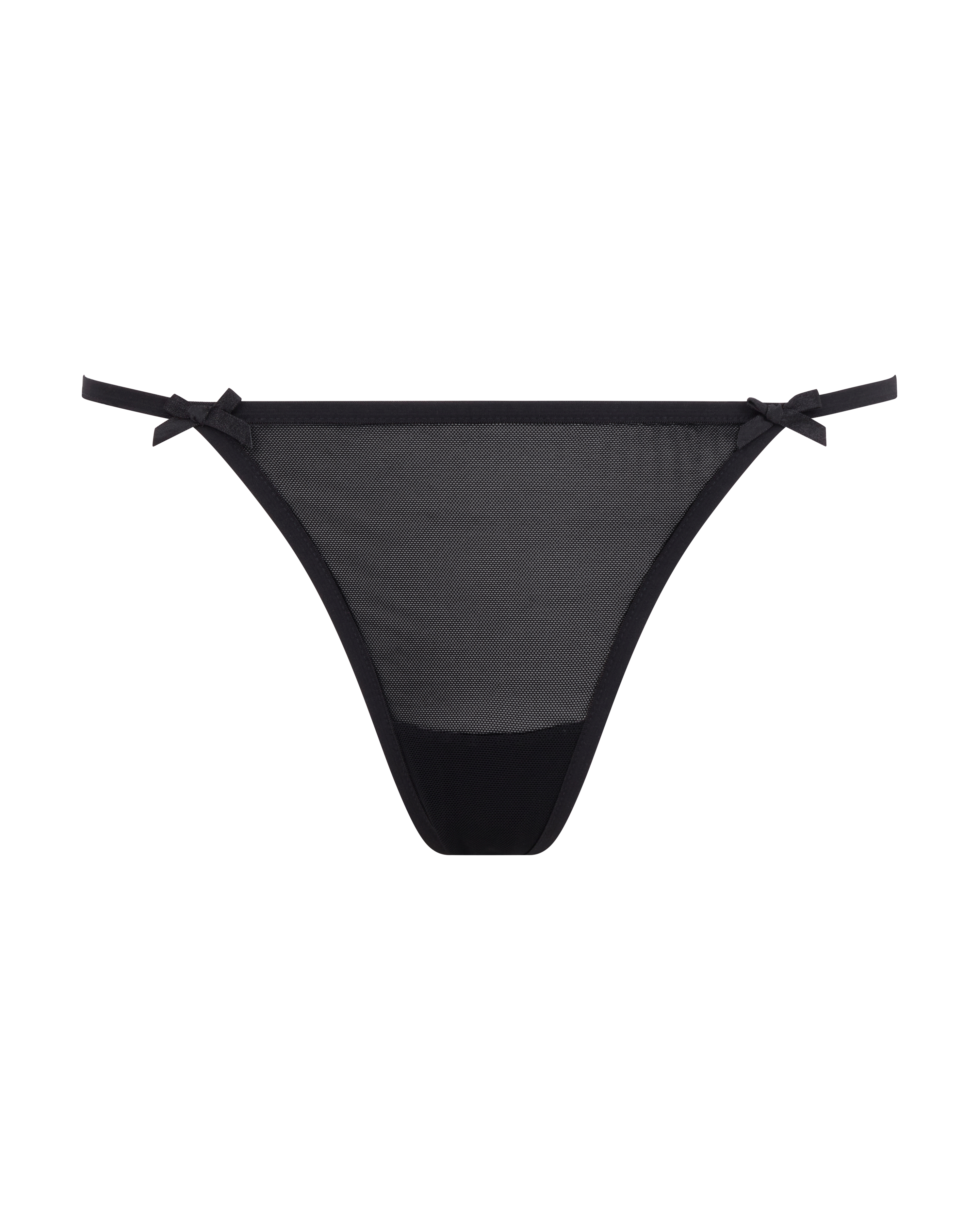 Mila Simona sheer black mesh thong with bow detail. Luxury lingerie made in Italy.