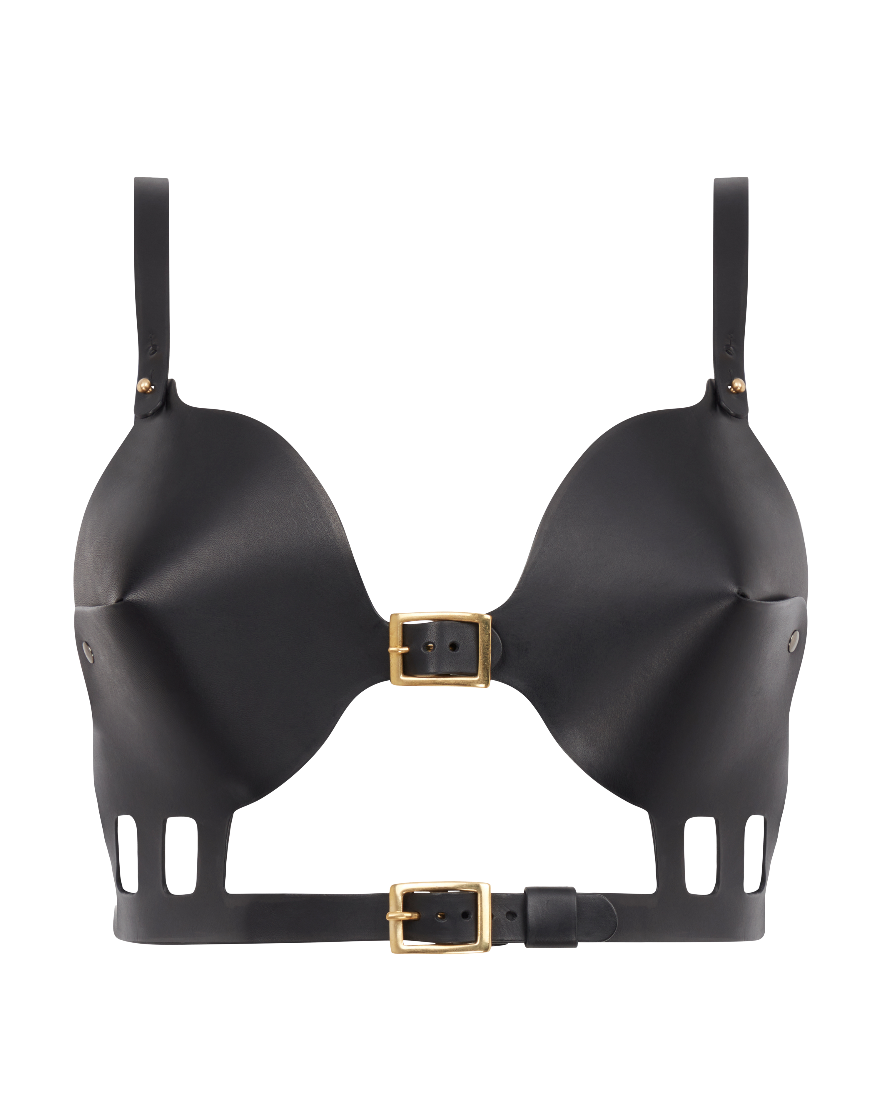 Black leather bondage bra made from Tuscan leather. Mila Simona leather bra handmade to order.