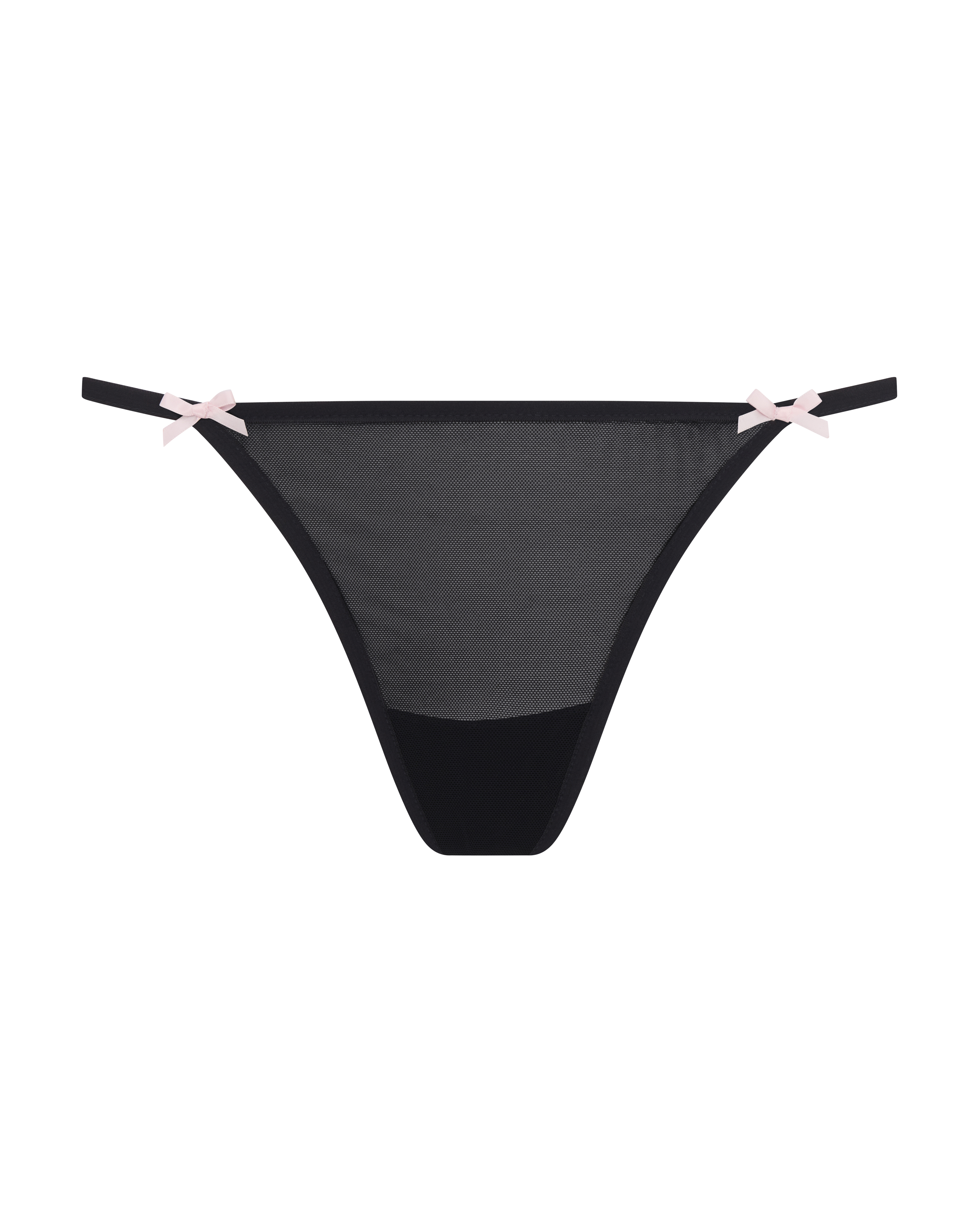 Black sheer mesh thong with white bow detail.