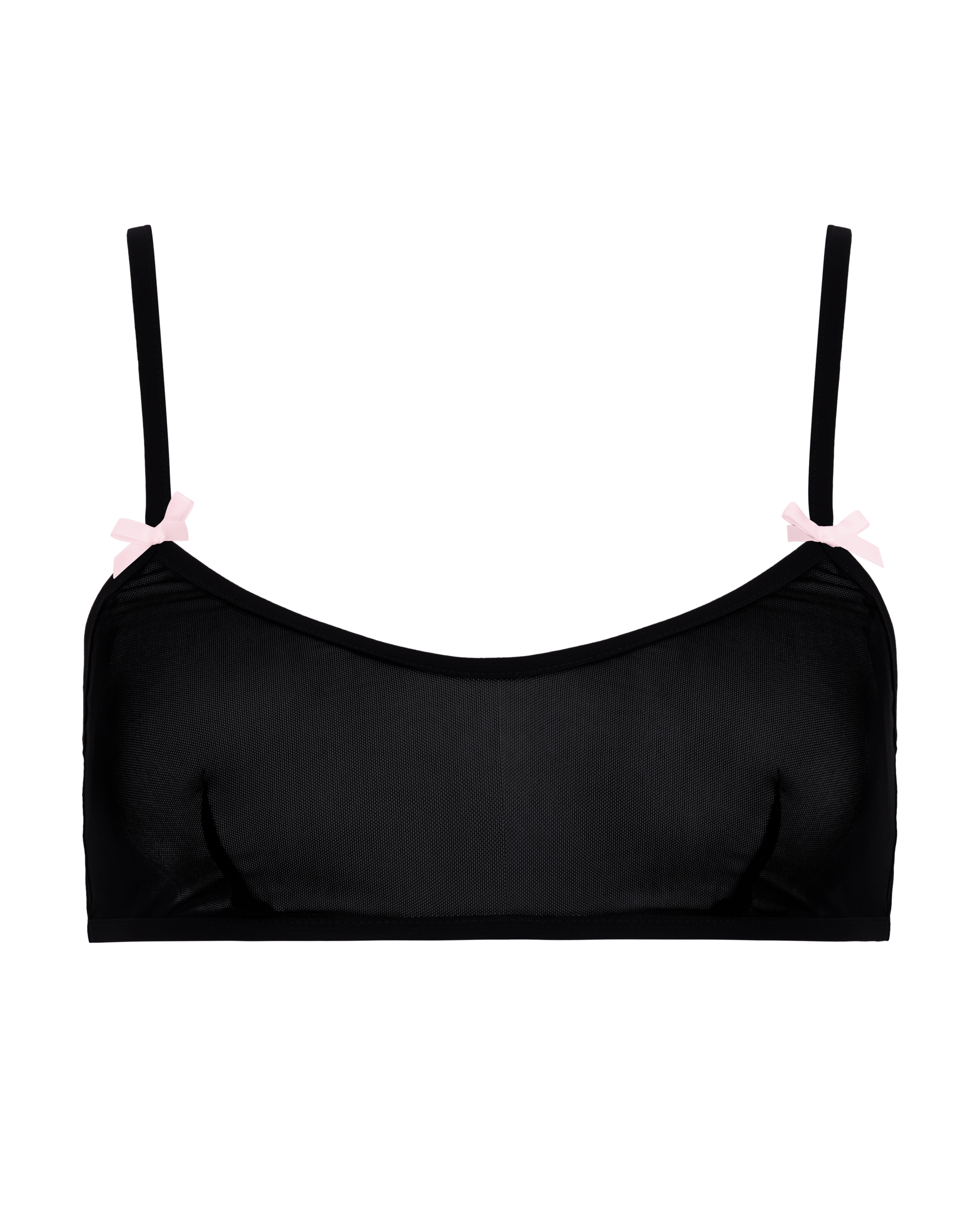 A black sheer mesh crop bra with pink bows. 