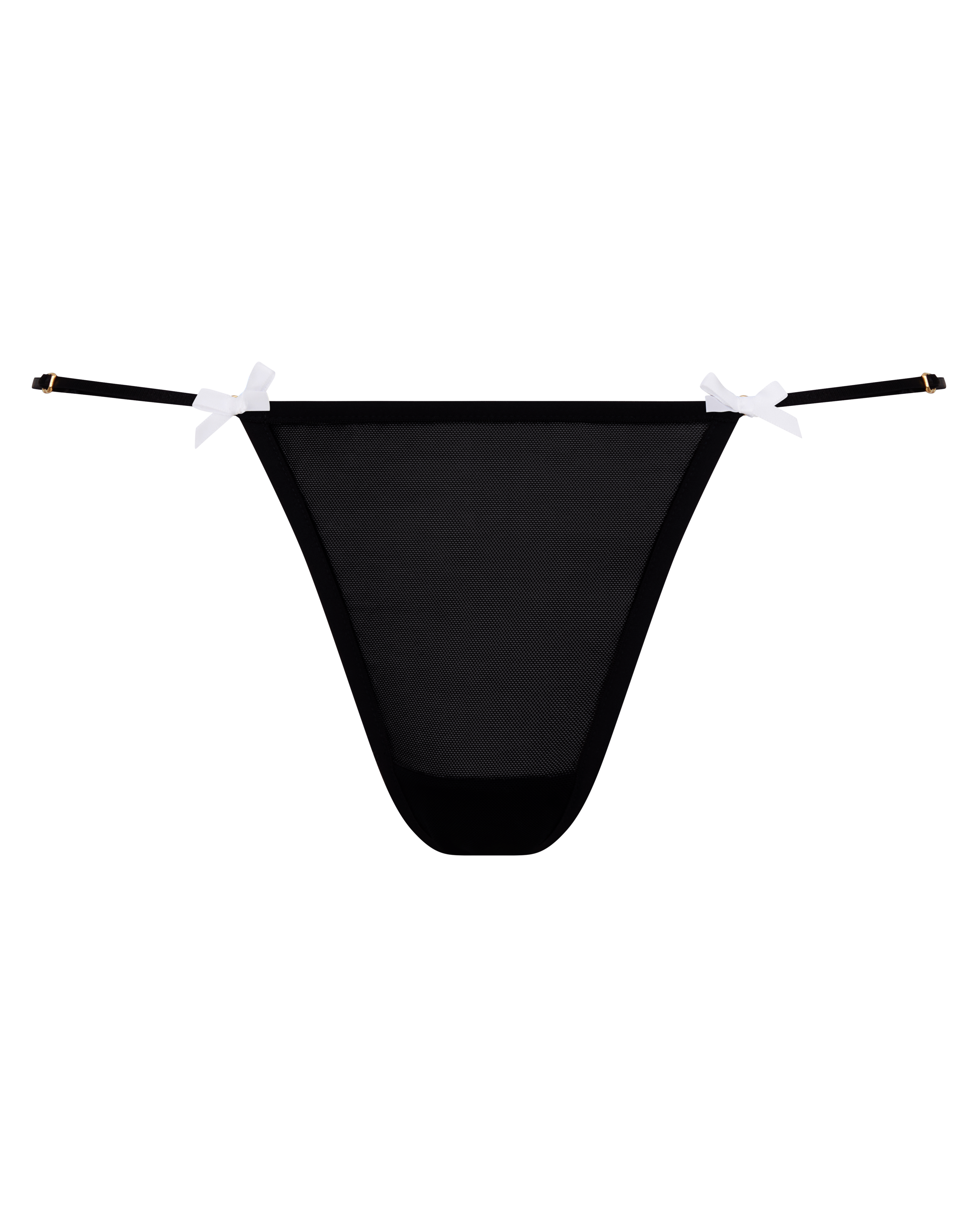 Product shot of a black mesh thong with white bows 