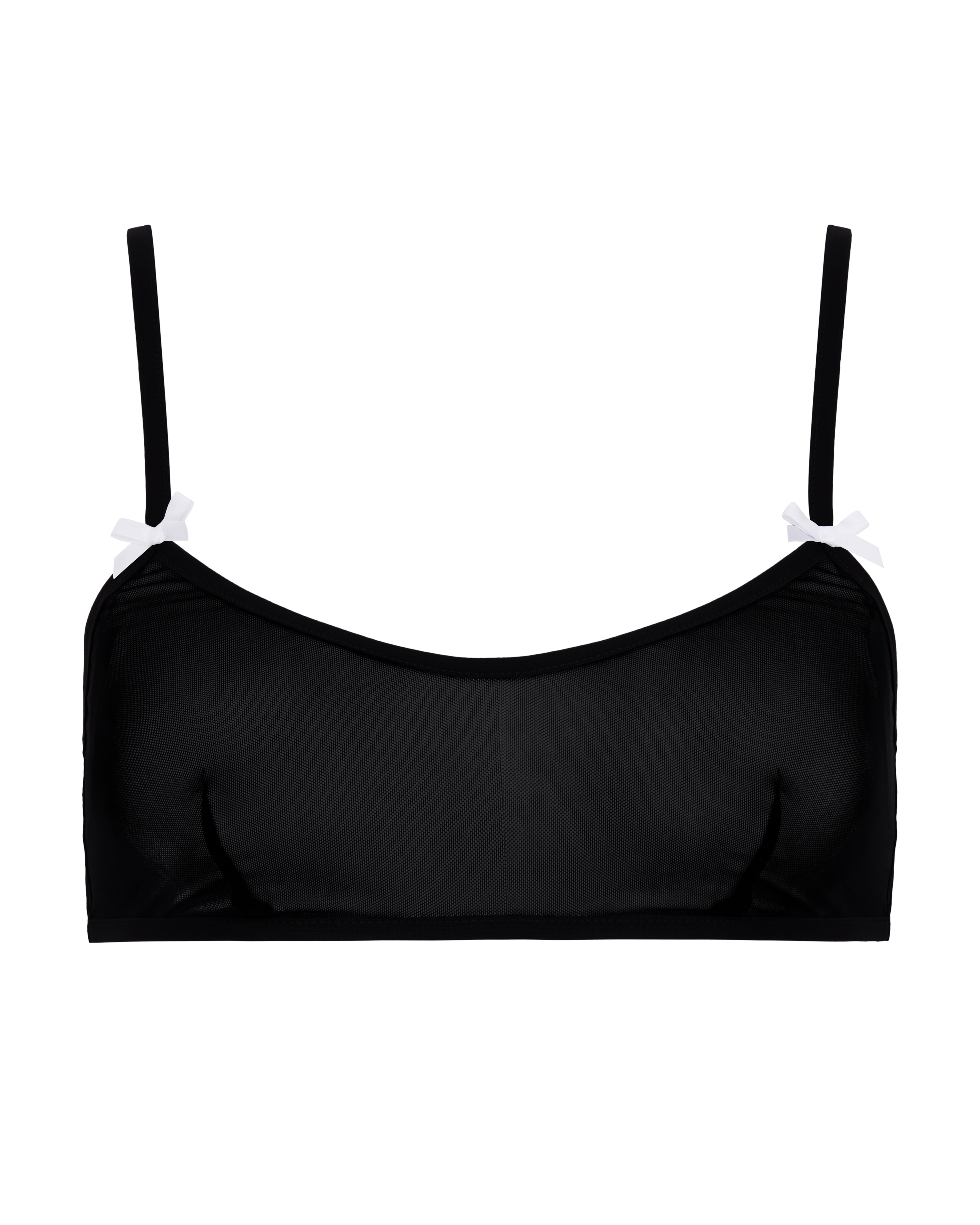 A black sheer mesh crop bra with white bows, no underwire. 