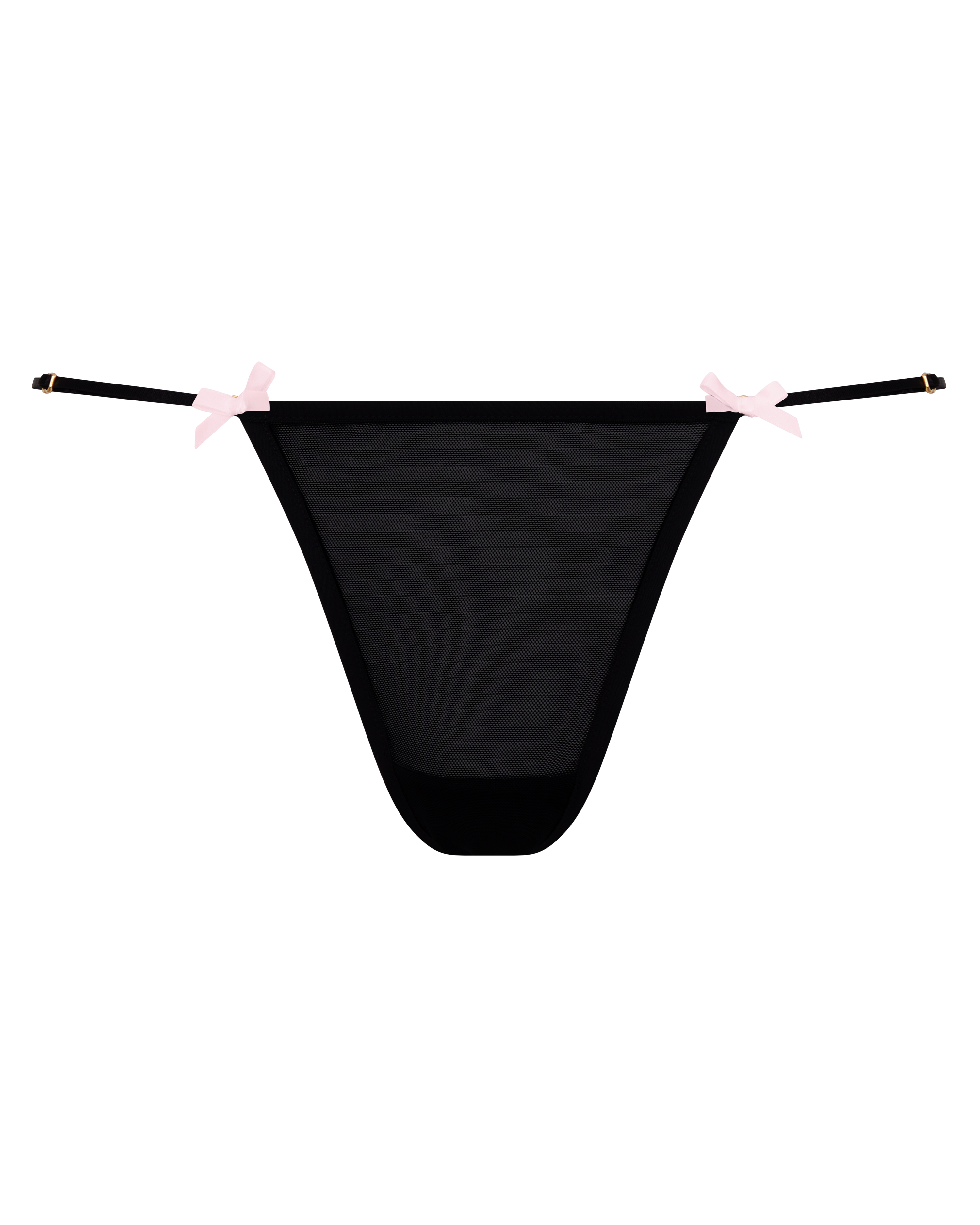 Mila Simona sheer mesh black thong with pink bow detail.